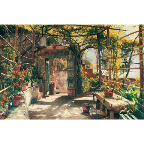 In the Pergola Black Modern Wood Framed Art Print by Monsted, Peder