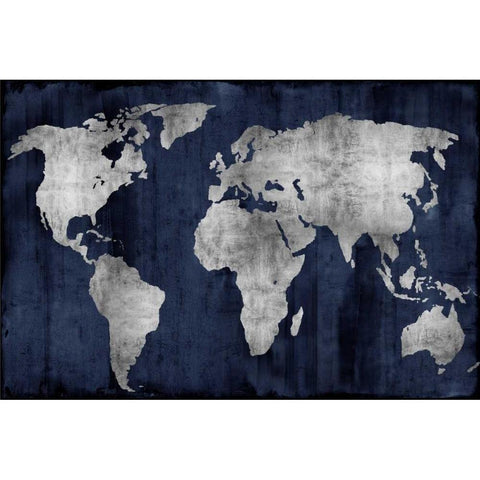 The World - Silver on Blue White Modern Wood Framed Art Print by Brennan, Russell