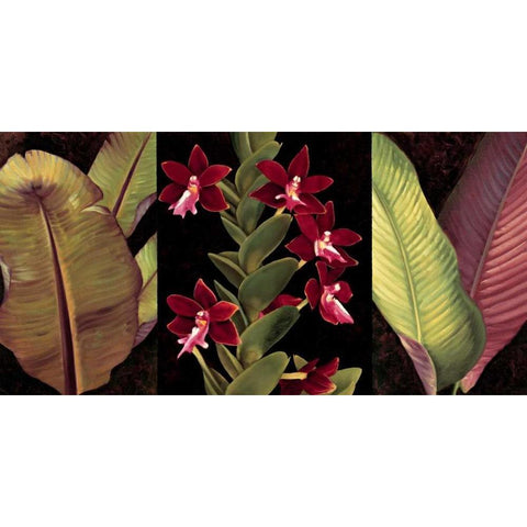 Red Orchids and Palm Leaves Gold Ornate Wood Framed Art Print with Double Matting by Jimenez, Rodolfo