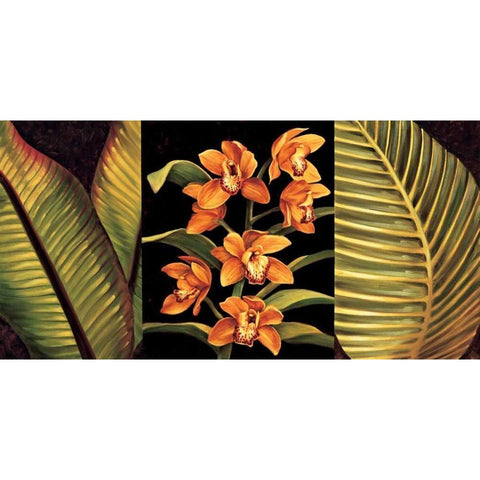 Orange Orchids and Palm Leaves Black Modern Wood Framed Art Print with Double Matting by Jimenez, Rodolfo