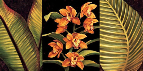 Orange Orchids and Palm Leaves White Modern Wood Framed Art Print with Double Matting by Jimenez, Rodolfo