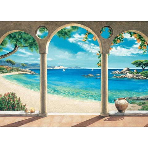 Mediterranean Bay Gold Ornate Wood Framed Art Print with Double Matting by Dominguez, Robert