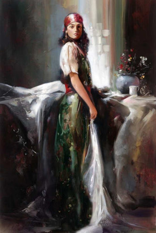 Girl By The Window Black Ornate Wood Framed Art Print with Double Matting by Di Scenza, Ron