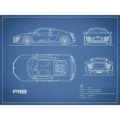 Audi R8 V10-Blue White Modern Wood Framed Art Print by Rogan, Mark