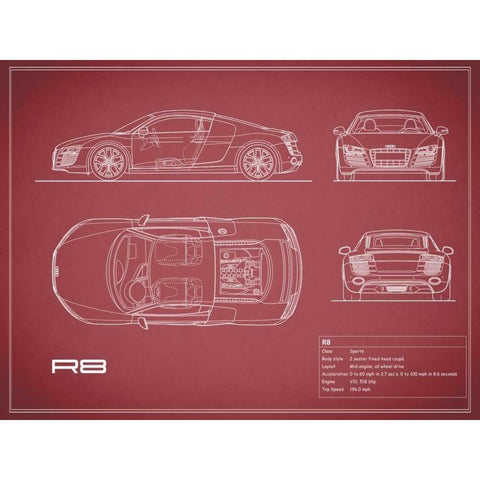 Audi R8 V10-Maroon Gold Ornate Wood Framed Art Print with Double Matting by Rogan, Mark