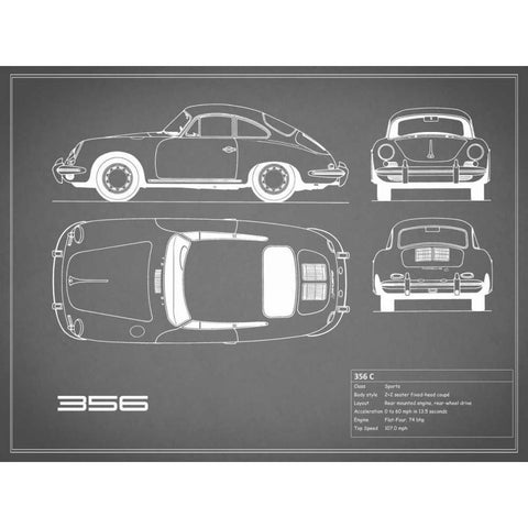 Porsche 356C-Grey Black Modern Wood Framed Art Print with Double Matting by Rogan, Mark