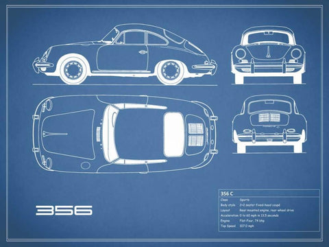 Porsche 356C-Blue White Modern Wood Framed Art Print with Double Matting by Rogan, Mark