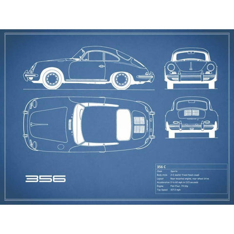 Porsche 356C-Blue Black Modern Wood Framed Art Print with Double Matting by Rogan, Mark