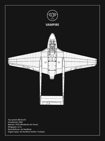 BP de-Havilland Vampire Black  White Modern Wood Framed Art Print with Double Matting by Rogan, Mark