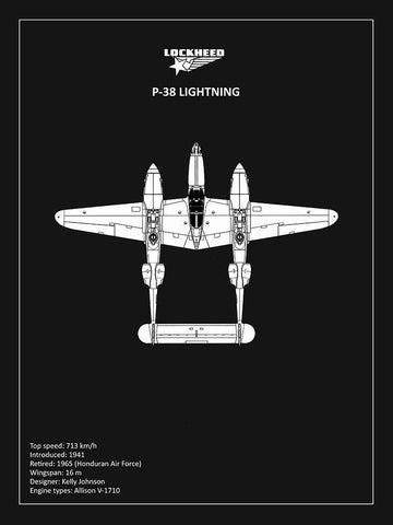 BP Lockheed P38 Lightning Black  Black Ornate Wood Framed Art Print with Double Matting by Rogan, Mark