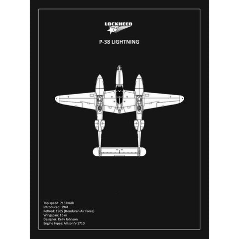 BP Lockheed P38 Lightning Black  White Modern Wood Framed Art Print by Rogan, Mark