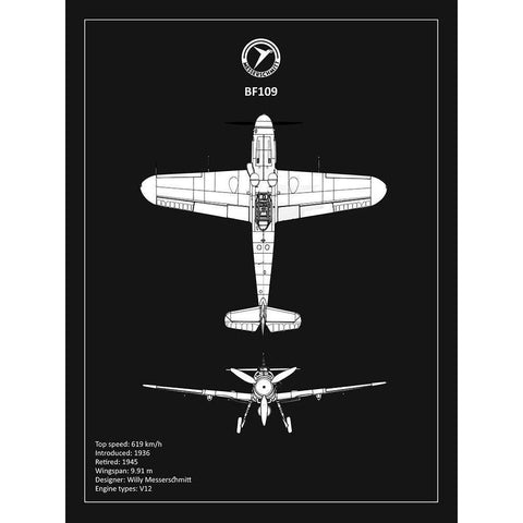 BP Messerschmitt ME 109 Black  Black Modern Wood Framed Art Print with Double Matting by Rogan, Mark