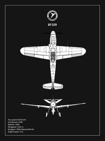 BP Messerschmitt ME 109 Black  White Modern Wood Framed Art Print with Double Matting by Rogan, Mark