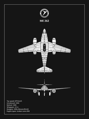 BP Messerschmitt ME262 Black  White Modern Wood Framed Art Print with Double Matting by Rogan, Mark