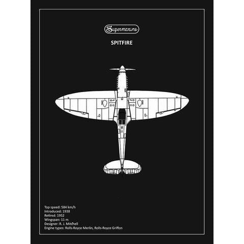 BP Supermarine Spitfire Black  Black Modern Wood Framed Art Print with Double Matting by Rogan, Mark