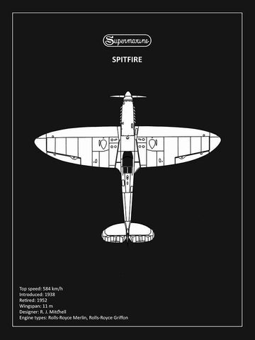 BP Supermarine Spitfire Black  Black Ornate Wood Framed Art Print with Double Matting by Rogan, Mark