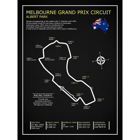 Melbourne GP Circuit BL White Modern Wood Framed Art Print by Rogan, Mark