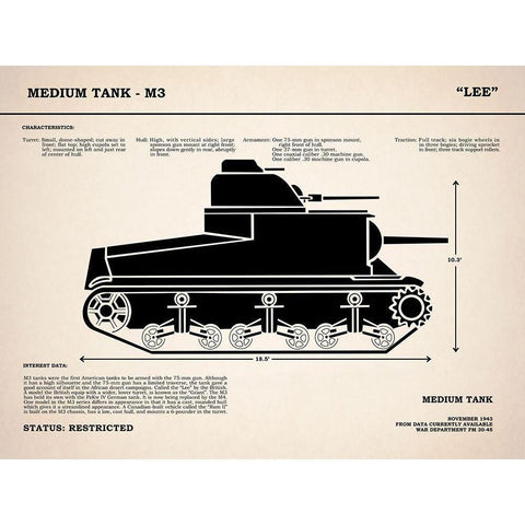 M3 Lee Tank White Modern Wood Framed Art Print by Rogan, Mark