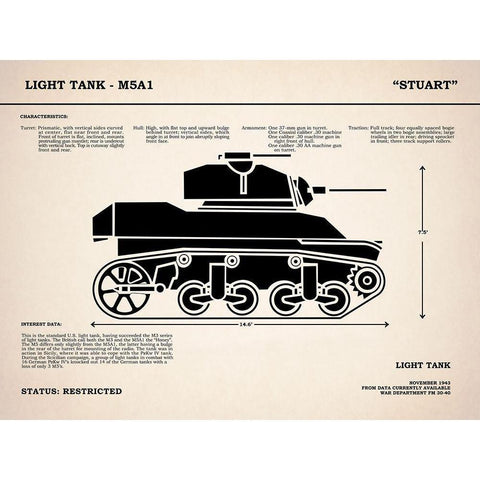 M5A1 Light Tank White Modern Wood Framed Art Print by Rogan, Mark