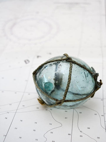 Glass fishing float on chart White Modern Wood Framed Art Print with Double Matting by Plank, Savanah