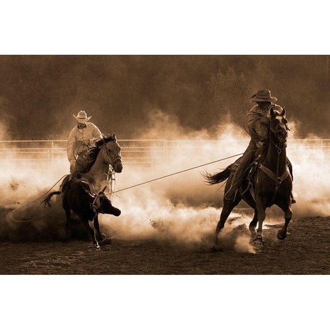 Roping on the Ranch ~ Sepia White Modern Wood Framed Art Print by Dawson, Robert