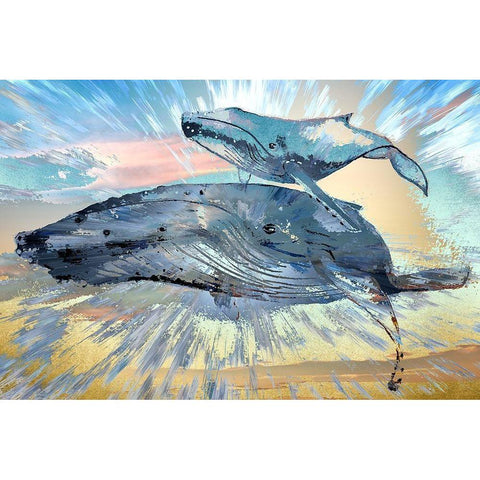 Two Blue Whales Black Modern Wood Framed Art Print with Double Matting by Bolokofsky, Ronald