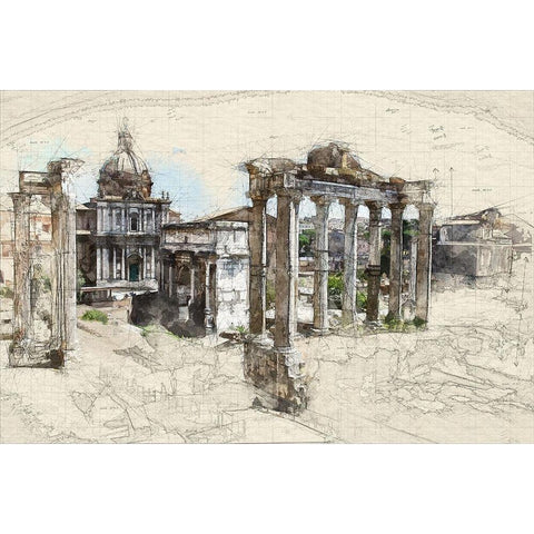 Italian Ruins Architectural Sketch Black Modern Wood Framed Art Print with Double Matting by Bolokofsky, Ronald