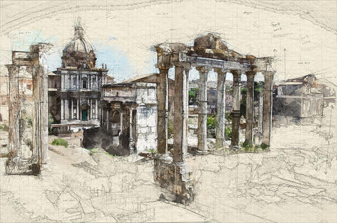 Italian Ruins Architectural Sketch White Modern Wood Framed Art Print with Double Matting by Bolokofsky, Ronald