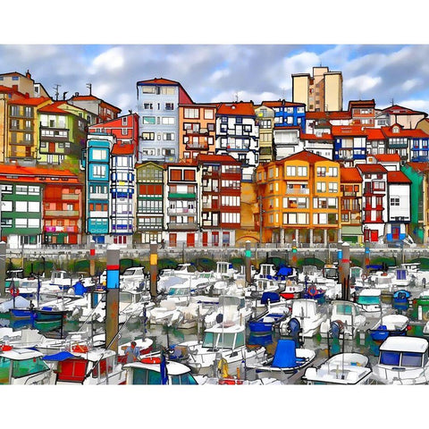 Bermeo Harbor Black Modern Wood Framed Art Print with Double Matting by Bolokofsky, Ronald