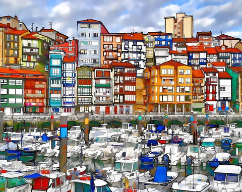 Bermeo Harbor White Modern Wood Framed Art Print with Double Matting by Bolokofsky, Ronald