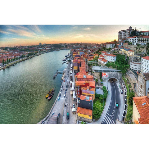 Porto Panorama Black Modern Wood Framed Art Print with Double Matting by Bolokofsky, Ronald