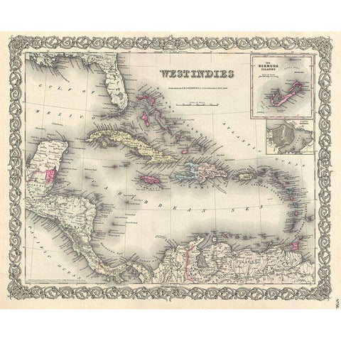 1855 Colton Map of the West Indies Gold Ornate Wood Framed Art Print with Double Matting by Colton