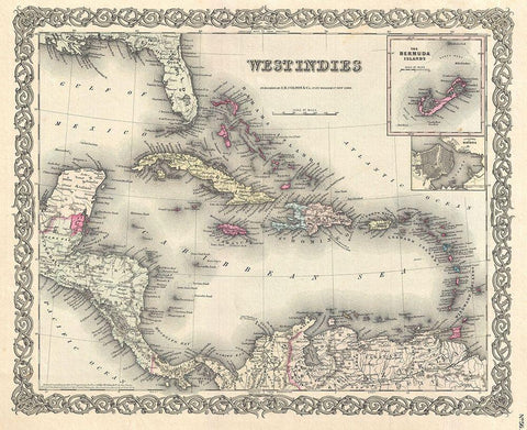 1855 Colton Map of the West Indies Black Ornate Wood Framed Art Print with Double Matting by Colton