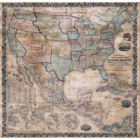 1856 Mitchell Wall Map of the United States White Modern Wood Framed Art Print by Mitchell