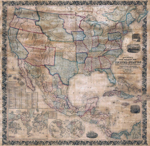 1856 Mitchell Wall Map of the United States Black Ornate Wood Framed Art Print with Double Matting by Mitchell