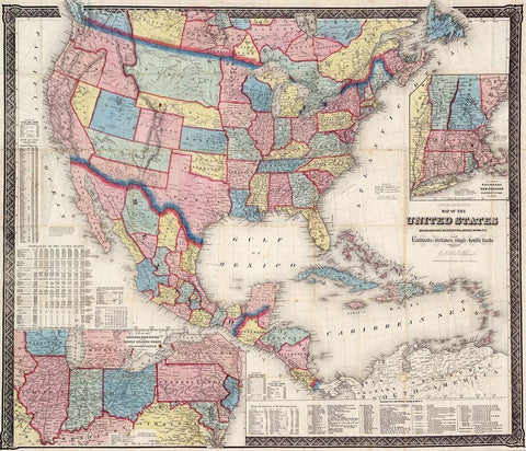 1861 Map of US and North America Black Ornate Wood Framed Art Print with Double Matting by Goldthwait