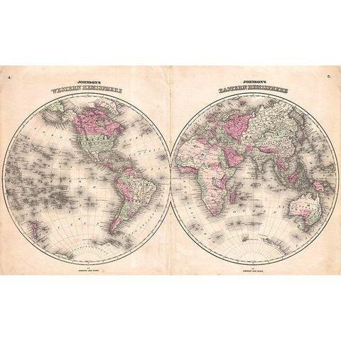 1862 Johnson Map of the World Gold Ornate Wood Framed Art Print with Double Matting by Johnson