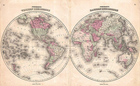 1862 Johnson Map of the World Black Ornate Wood Framed Art Print with Double Matting by Johnson