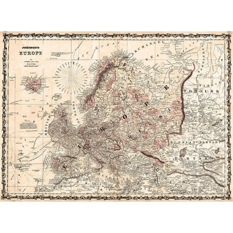 1862 Johnson Vintage Map of Europe Gold Ornate Wood Framed Art Print with Double Matting by Johnson