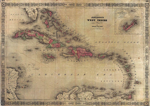 1864 Johnson Map of the West Indies Black Ornate Wood Framed Art Print with Double Matting by Johnson