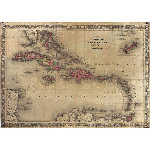 1864 Johnson Map of the West Indies Black Modern Wood Framed Art Print with Double Matting by Johnson