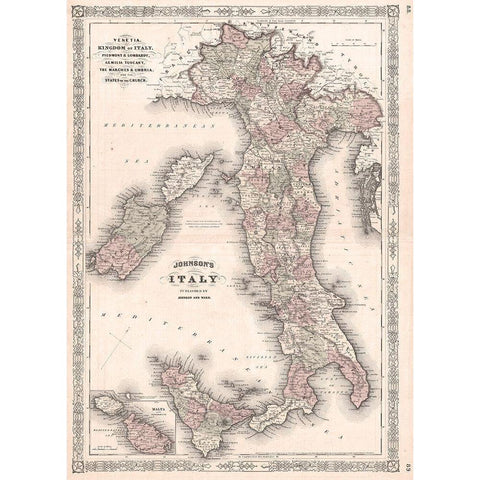 1866 Johnson Map of Italy Gold Ornate Wood Framed Art Print with Double Matting by Johnson