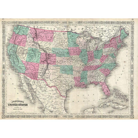 1866 Johnson Map of the United States Gold Ornate Wood Framed Art Print with Double Matting by Johnson