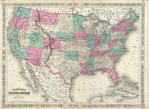 1866 Johnson Map of the United States Black Ornate Wood Framed Art Print with Double Matting by Johnson