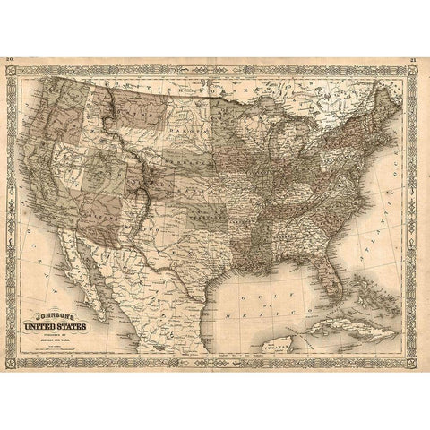 1866 Johnson Map of the United States Antiqued Gold Ornate Wood Framed Art Print with Double Matting by Johnson