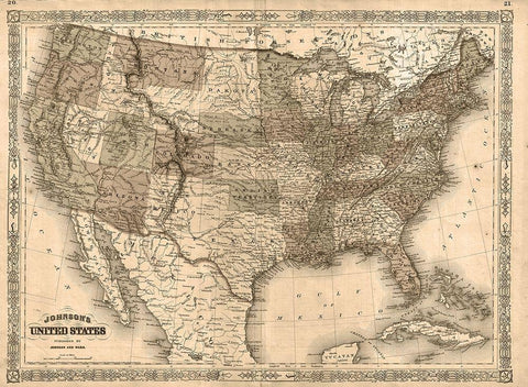 1866 Johnson Map of the United States Antiqued Black Ornate Wood Framed Art Print with Double Matting by Johnson