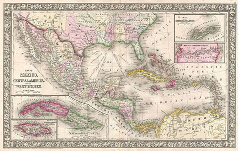 1866 Mitchell Map of Mexico and the West Indies Black Ornate Wood Framed Art Print with Double Matting by Mitchell