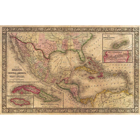 1866 Mitchell Map of Mexico and the West Indies Antiqued Black Modern Wood Framed Art Print with Double Matting by Mitchell