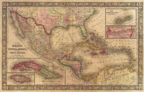 1866 Mitchell Map of Mexico and the West Indies Antiqued White Modern Wood Framed Art Print with Double Matting by Mitchell