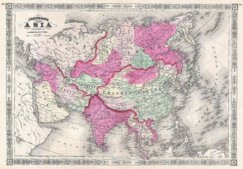 1867 Johnson Map of Asia Black Ornate Wood Framed Art Print with Double Matting by Johnson